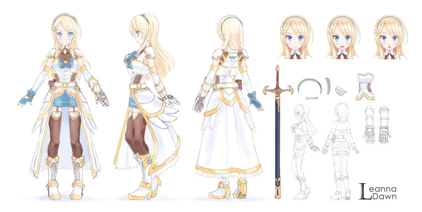 1girl absurdres armor armored_boots armored_dress belt blonde_hair blue_eyes blue_skirt blush boots bow buckle character_name concept_art corset crystalline detached_sleeves dress faulds fingerless_gloves garter_straps gauntlets gloves gold_trim hair_ornament hairband hand_on_own_chest high_heel_boots high_heels highres lace-up_boots leanna_dawn long_hair pauldrons reference_sheet sheath sheathed shoulder_armor single_fingerless_glove single_gauntlet skirt smile sunimu sword thighhighs waist_cape weapon white_armor white_background zettai_ryouiki