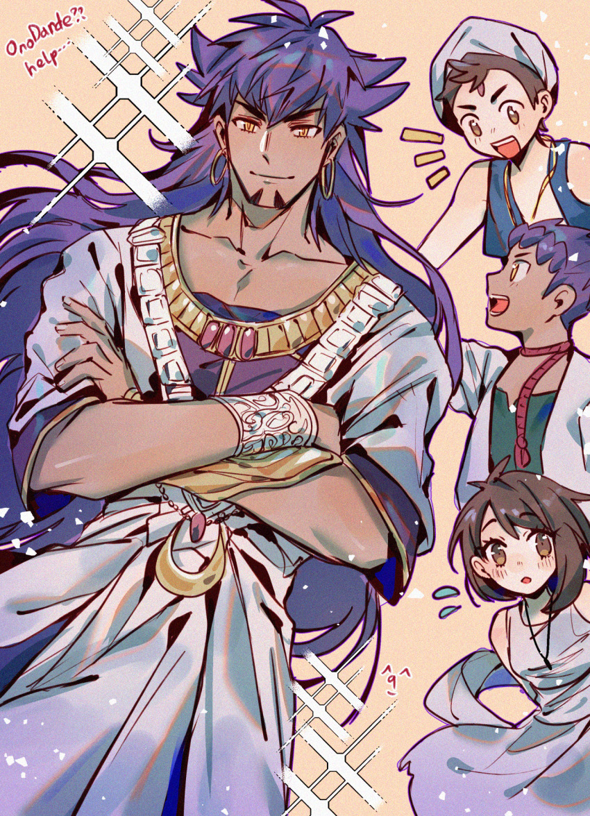1girl 3boys aladdin_(magi) aladdin_(magi)_(cosplay) alibaba_saluja alibaba_saluja_(cosplay) brown_background chiyo_(miichiyochin) closed_mouth collarbone commentary cosplay crossed_arms dark-skinned_male dark_skin earrings facial_hair flying_sweatdrops gloria_(pokemon) goatee highres hoop_earrings hop_(pokemon) jewelry leon_(pokemon) magi_the_labyrinth_of_magic morgiana morgiana_(cosplay) multiple_boys nintendo open_mouth pokemon pokemon_swsh robe sinbad_(magi) sinbad_(magi)_(cosplay) white_turban yellow_eyes