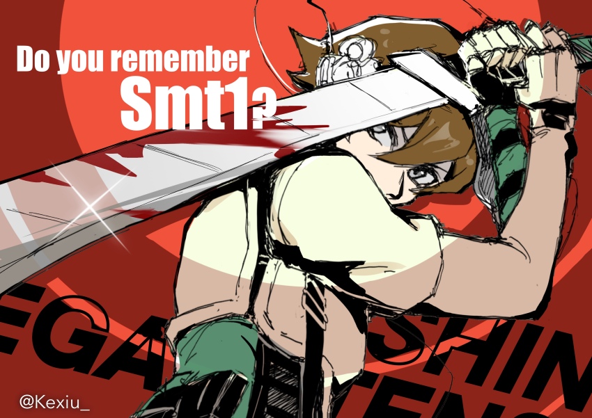 1boy absurdres all-out_attack armor blood bloody_weapon brown_hair english_text grey_eyes hair_between_eyes highres holding holding_sword holding_weapon kazuya_(megami_tensei) kexiu looking_to_the_side male_focus red_background shin_megami_tensei shin_megami_tensei_i short_hair solo sparkle sword twitter_username weapon wrist_computer