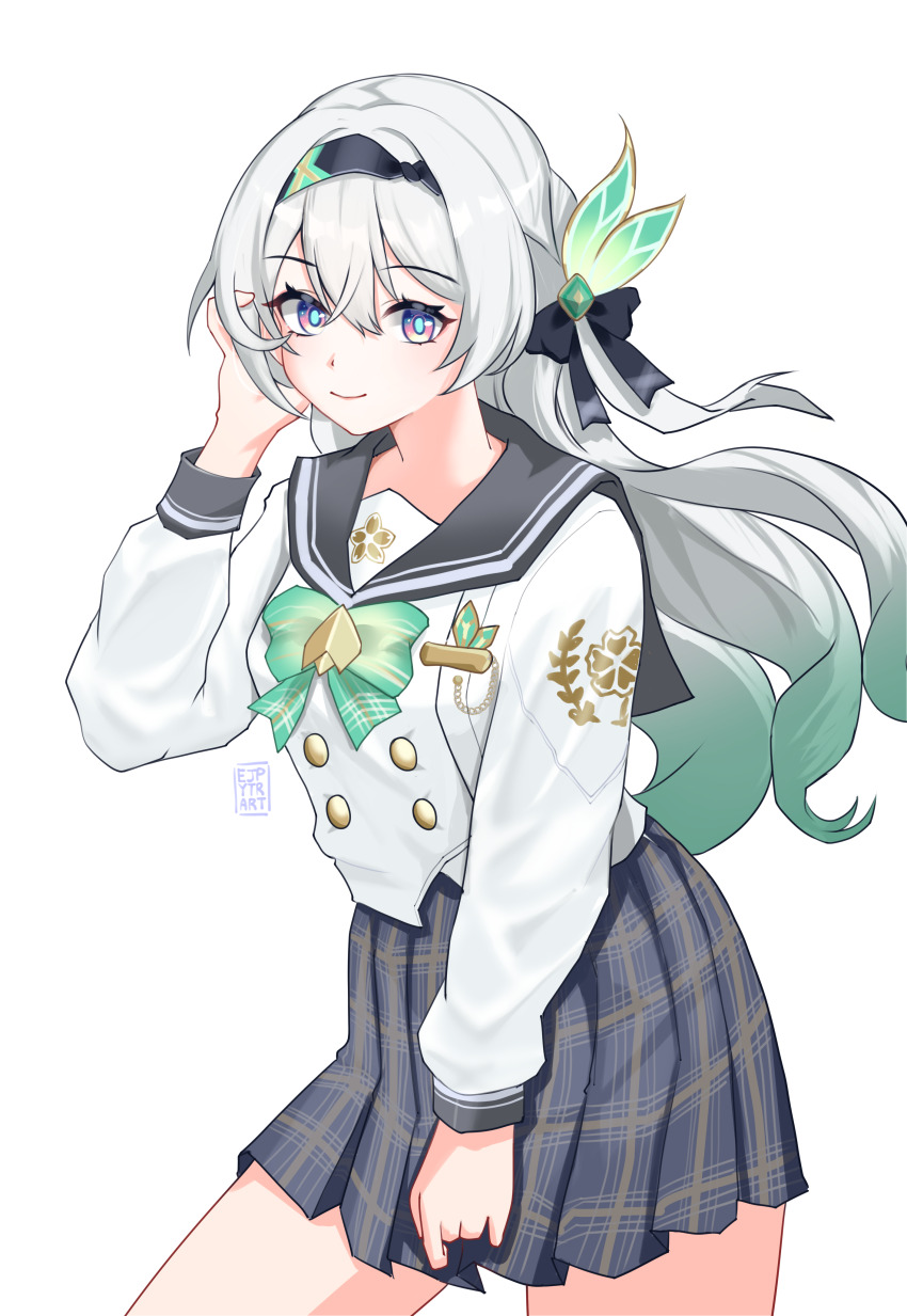 1girl absurdres artist_name black_hairband blue_pupils bow bowtie buttons commentary cowboy_shot double-breasted ejpytr firefly_(honkai:_star_rail) firefly_(spring_missive)_(honkai:_star_rail) green_bow green_bowtie green_hair grey_hair grey_sailor_collar grey_skirt hair_bow hair_ornament hairband hashtag-only_commentary highres honkai:_star_rail honkai_(series) long_hair long_sleeves looking_at_viewer multicolored_hair official_alternate_costume plaid_bow plaid_bowtie plaid_clothes plaid_skirt pleated_skirt purple_eyes sailor_collar school_uniform shirt simple_background skirt smile solo two-tone_hair white_background white_shirt