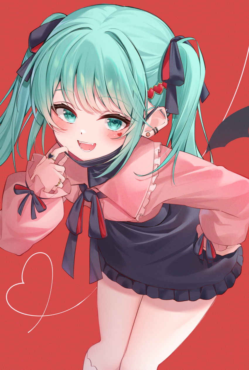 1girl absurdres aqua_eyes aqua_hair barbell_piercing black_mask black_ribbon black_skirt blush commentary ear_piercing facial_mark fangs frilled_shirt_collar frilled_skirt frills hair_intakes hair_ornament hair_ribbon hand_on_own_hip hatsune_miku heart heart_facial_mark heart_hair_ornament heart_ring highres industrial_piercing jewelry jirai_kei leaning_forward long_hair long_sleeves looking_at_viewer mask mask_pull mouth_mask multiple_rings neck_ribbon piercing pink_shirt red_background ribbon ring ryaru_ryaru shirt skirt sleeve_ribbon smile solo vampire_(vocaloid) vocaloid