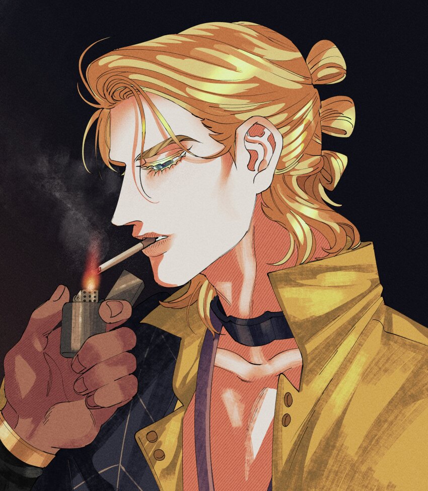 1boy 1other absurdres blonde_hair cigarette danggo99 dark_skin grey_eyes half-closed_eyes highres holding holding_lighter jacket jojo_no_kimyou_na_bouken lighter lighting_cigarette prosciutto smoke smoking vento_aureo zippo_lighter
