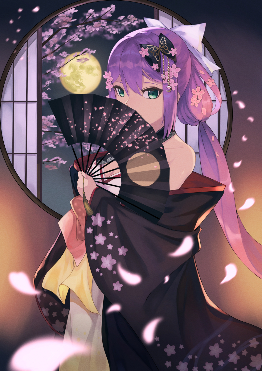 1girl absurdres animal_print architecture bare_shoulders black_bow black_kimono bow butterfly_print cherry_blossom_print cherry_blossoms covering_own_mouth east_asian_architecture falling_petals floral_print flower folding_fan full_moon green_eyes hair_between_eyes hair_bow hair_flower hair_ornament halterneck hand_fan highres holding holding_fan japanese_clothes kimono long_hair looking_at_viewer moon moon_gate namiura night nijisanji obi off_shoulder petals purple_hair sakura_ritsuki sakura_ritsuki_(1st_costume) sash shouji sidelocks sliding_doors smile tree very_long_hair virtual_youtuber white_bow white_kimono