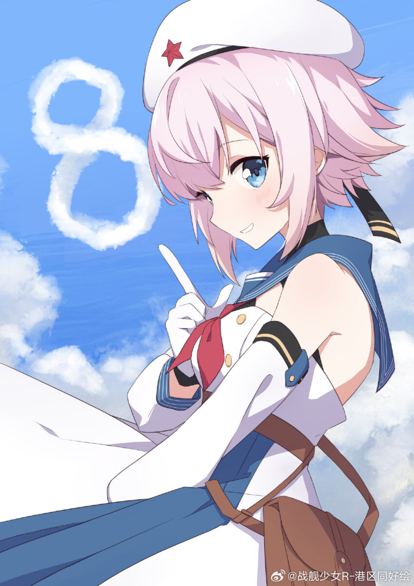 1girl bag bare_shoulders beret blue_eyes blush cloud detached_sleeves dress from_side gloves hair_flaps hat hat_ornament highres index_finger_raised jinan_(warship_girls_r) lizi looking_at_viewer pink_hair red_star sailor_collar short_hair sky smile solo star_(symbol) star_hat_ornament warship_girls_r watermark weibo_username weibo_watermark white_dress white_gloves