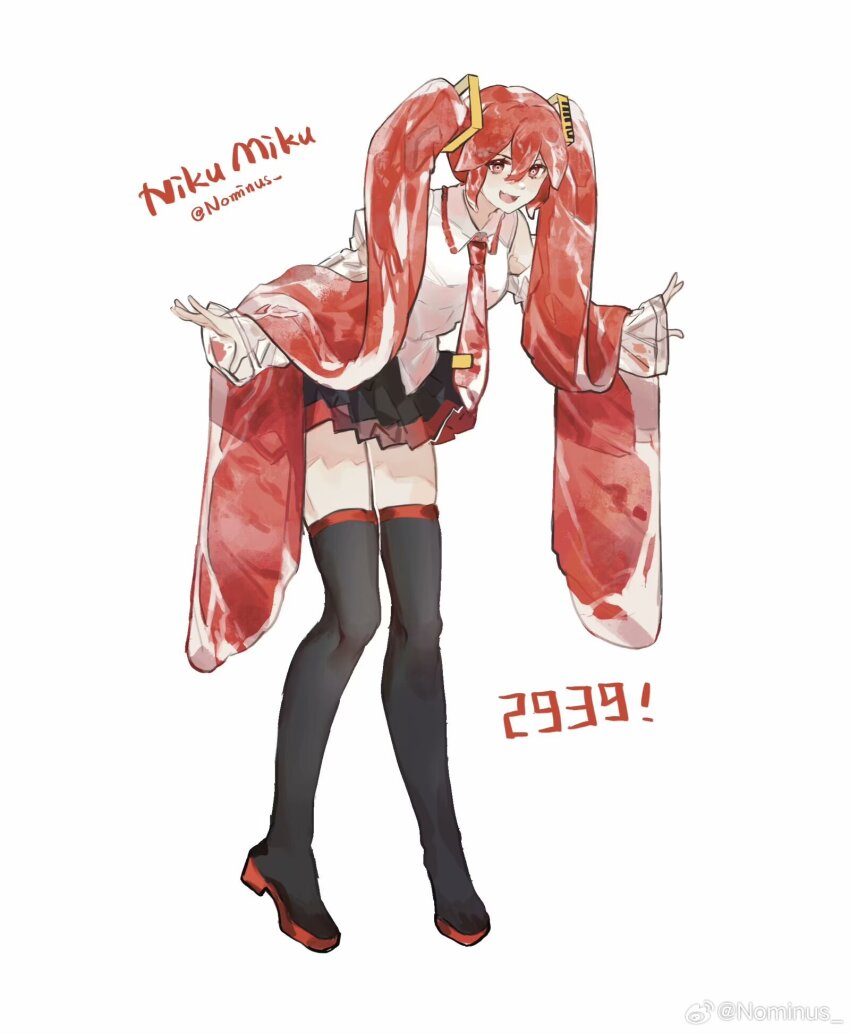 1girl artist_name bare_shoulders black_skirt black_thighhighs character_name chinese_commentary commentary_request detached_sleeves food food-themed_clothes food-themed_hair full_body hair_between_eyes hatsune_miku highres leaning leaning_forward long_hair long_sleeves miniskirt necktie niku_miku_(nankai) nominus open_mouth pleated_skirt raw_meat red_eyes red_hair red_necktie red_skirt see-through_clothes see-through_sleeves shirt skirt sleeveless sleeveless_shirt smile solo standing thighhighs tie_clip twintails very_long_hair vocaloid white_shirt white_sleeves