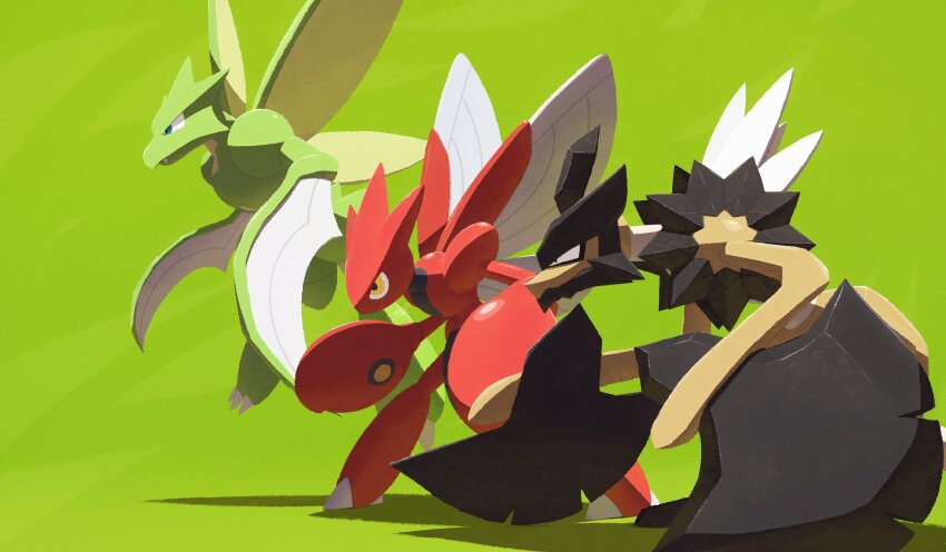 animal_focus axe black_eyes blue_eyes bug claws closed_mouth evolutionary_line ewokakukaede exoskeleton gen_1_pokemon gen_2_pokemon green_background green_eyes highres insect_wings kleavor metal_skin nintendo no_humans pokemon pokemon_(creature) rock scizor scythe scyther simple_background standing wings yellow_eyes