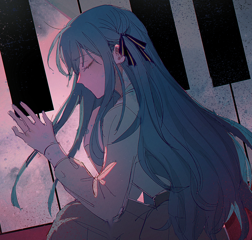 1girl bang_dream! bang_dream!_it&#039;s_mygo!!!!! black_ribbon blue_hair closed_eyes commentary grey_skirt hair_ribbon highres long_hair long_sleeves maybecrosswise piano_keys ribbon shirt sidelocks skirt solo togawa_sakiko white_shirt
