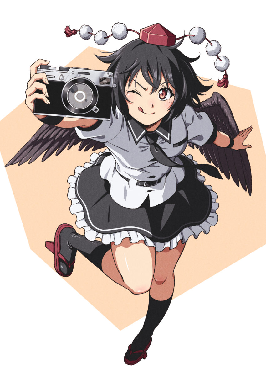 1girl black_hair black_skirt black_socks camera collared_shirt frilled_skirt frills hat highres inuno_rakugaki one_eye_closed red_shoes shameimaru_aya shirt shoes short_hair short_sleeves skirt smile socks solo touhou white_shirt wings