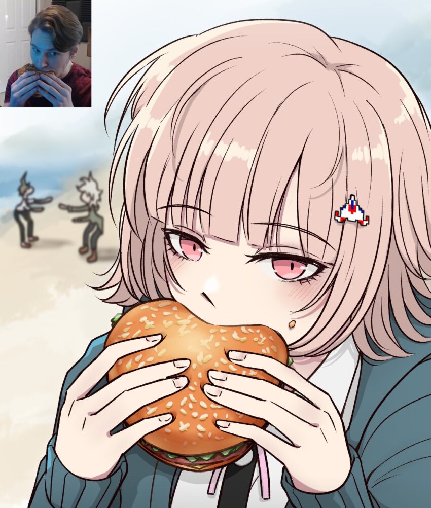 1girl 2boys ahoge brown_hair burger commentary danganronpa_(series) danganronpa_2:_goodbye_despair eating flipped_hair food galaga green_jacket hair_ornament highres hinata_hajime holding holding_burger holding_food jacket jerma985 jerma985_(person) jerma985_eating_a_whopper_(meme) kmnm_1403 komaeda_nagito long_sleeves medium_hair meme multiple_boys nanami_chiaki neck_ribbon oh_yeah_woo_yeah_(meme) photo-referenced pink_eyes real_life ribbon shirt solo_focus symbol-only_commentary white_shirt