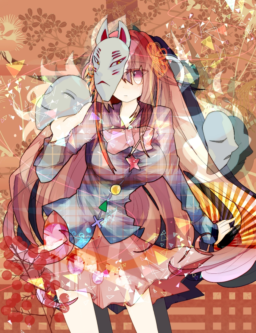1girl arm_at_side blank_eyes breasts choker expressionless female_focus fox_mask hair_between_eyes hata_no_kokoro highres holding large_breasts long_hair mask miniskirt pink_hair plaid ribbon_choker skirt solo standing take_no_ko touhou