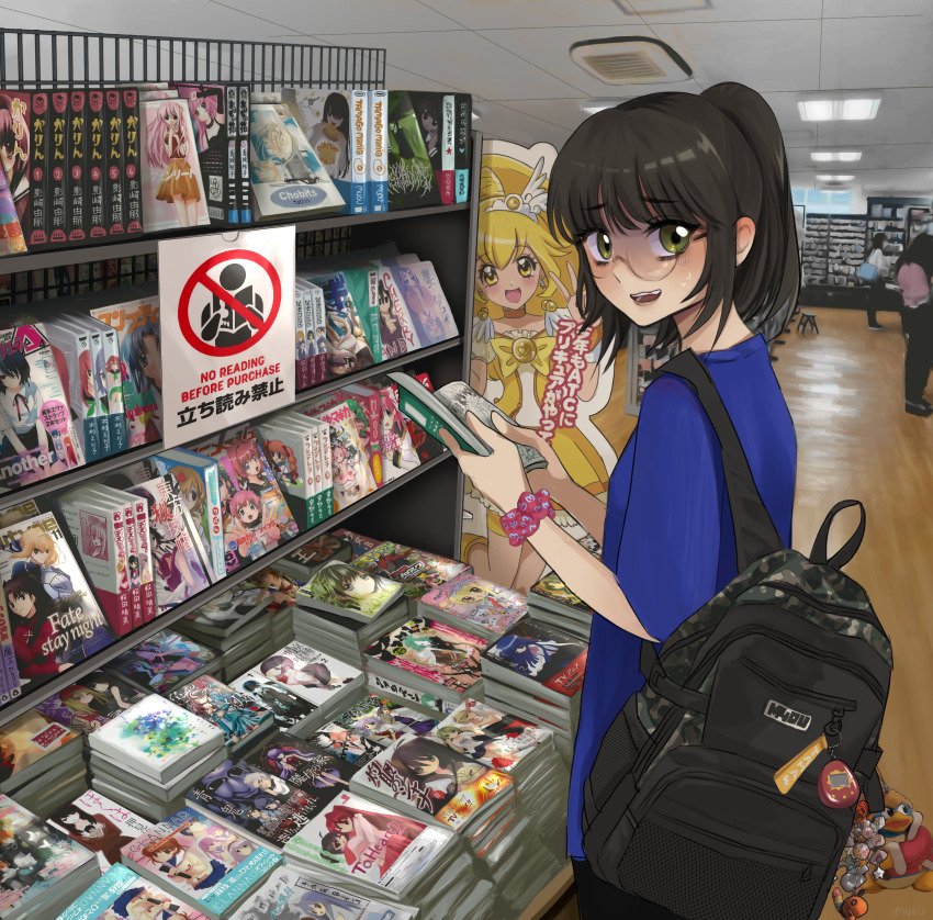 1girl absurdres another ao_oni backpack bag bag_charm black_hair book book_off bookshelf character_request charm_(object) chobits clannad copyright_request cure_peace elfen_lied english_text fate/stay_night fate_(series) furude_rika glasses highres higurashi_no_naku_koro_ni holding holding_book houjou_satoshi indoors kaname_madoka kaname_madoka_(magical_girl) king_dedede kirby_(series) kirishima_touka kise_yayoi looking_back lucy_(elfen_lied) m40u mahou_shoujo_madoka_magica mahou_shoujo_madoka_magica_(anime) manga_(object) miki_sayaka miki_sayaka_(magical_girl) newtype nintendo open_mouth original ponytail precure round_eyewear scrunchie shaded_face shakugan_no_shana short_sleeves sign smile solo_focus sonozaki_shion sweat tamagotchi tamagotchi_(virtual_pet) to_heart to_heart_(series) tohsaka_rin tokyo_ghoul touhou touhou_bougetsushou wrist_scrunchie