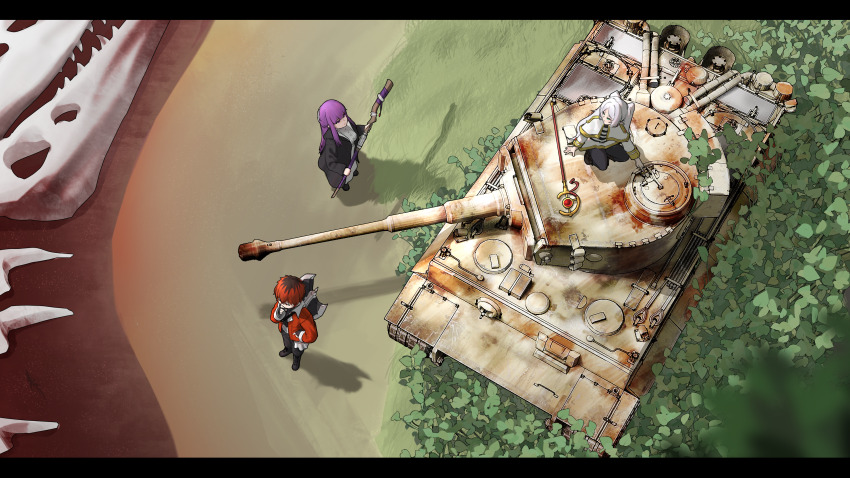 1girl 2girls absurdres animal_skeleton axe battle_axe black_boots black_coat black_gloves black_pantyhose black_robe blunt_bangs blurry blurry_foreground bone boots braided_scarf brown_boots bush capelet caterpillar_tracks coat day double-sided_axe elf fern_(sousou_no_frieren) finger_to_own_chin fingerless_gloves frieren from_above gloves gogo_(gogo_23) hand_on_own_chin highres holding holding_staff letterboxed mage_staff manually-operated_mounted_gun military military_vehicle motor_vehicle multicolored_hair multiple_girls on_tank outdoors pantyhose parted_bangs pointy_ears purple_eyes purple_hair purple_pupils red_coat red_hair robe roots_(hair) shadow shirt skeleton skull sousou_no_frieren squatting staff stark_(sousou_no_frieren) straight_hair striped_clothes striped_shirt tank tank_turret thinking tiger_i twintails weapon weapon_on_back white_capelet white_hair
