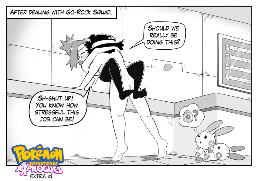 1boy 1girl black_hair black_thighhighs blue_hair blush dark_gargo gen_3_pokemon headband hetero highres lunick_(pokemon) minun monochrome nintendo nude plusle pokemon pokemon_(creature) pokemon_ranger sex solana_(pokemon) speech_bubble text_focus thighhighs