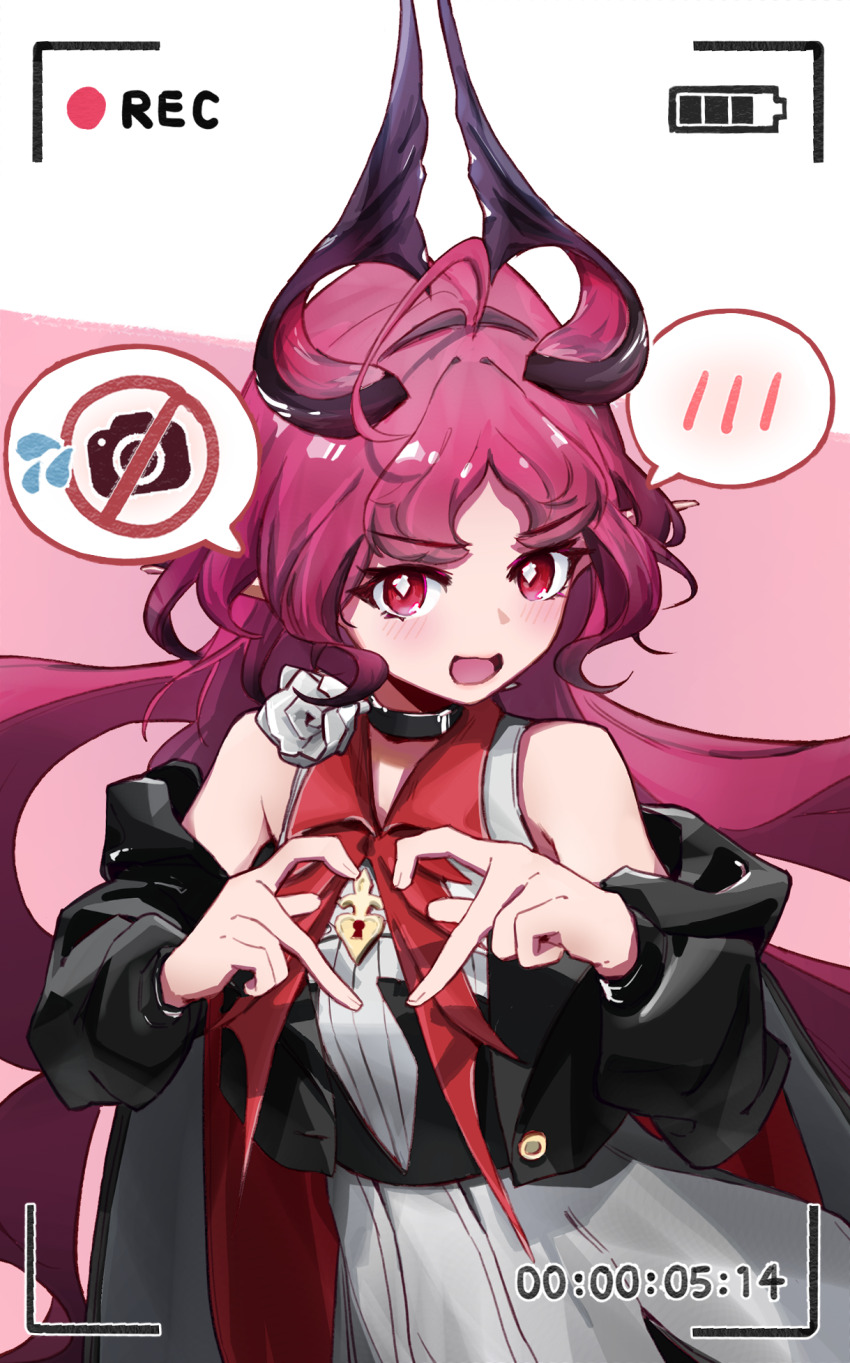 1girl arknights bare_shoulders battery_indicator black_jacket blush bright_pupils chinese_commentary commentary_request cowboy_shot dress fingernails heart heart_hands highres jacket keyhole long_hair long_sleeves looking_at_viewer nymph_(arknights) off_shoulder open_mouth pink_eyes pink_hair recording red_jacket rinne_(user_aafz7748) sleeveless sleeveless_dress smile solo spoken_blush standing timestamp two-sided_fabric two-sided_jacket viewfinder white_dress white_pupils