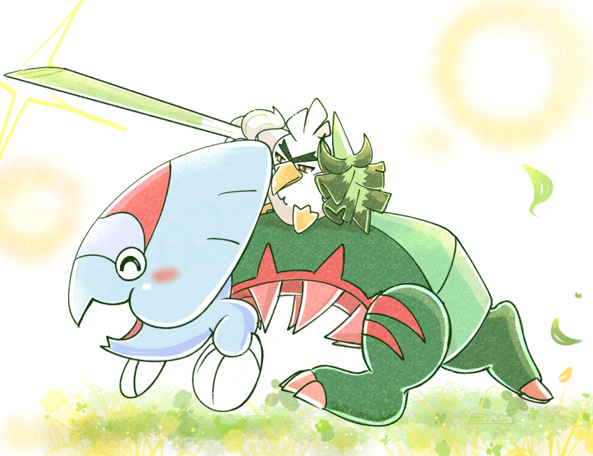 blush_stickers bright_pupils brown_eyes closed_mouth dracovish food from_side full_body gen_8_pokemon holding holding_food holding_vegetable nintendo no_humans open_mouth pokemon pokemon_(creature) riding running shuri_(syurigame) sirfetch&#039;d spring_onion thick_eyebrows v-shaped_eyebrows vegetable white_pupils