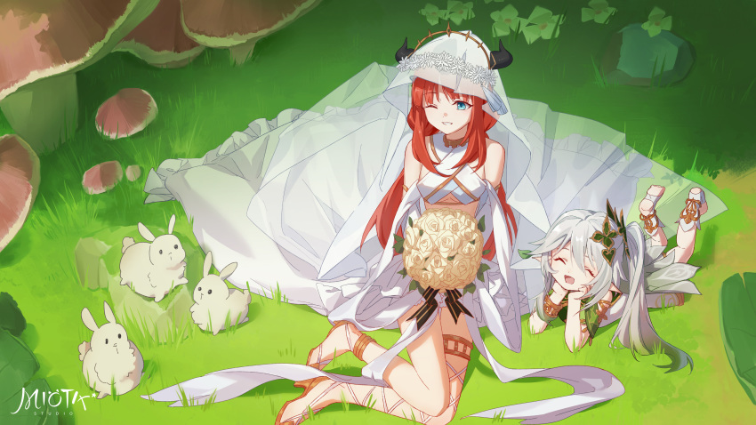 2girls absurdres animal animal_ears bare_shoulders black_bow black_eyes blue_eyes boots bouquet bow bracelet breasts brown_bow brown_footwear closed_eyes closed_mouth colored_skin commentary_request crop_top darkcatowo detached_sleeves dress flower food frills genshin_impact gold gradient_hair grass green_flower green_hair grey_hair hair_between_eyes hair_ornament hands_on_own_face hands_up highres horns jewelry leaf legs_up long_hair long_sleeves looking_at_another looking_to_the_side lying medium_breasts multicolored_hair multiple_girls mushroom nahida_(genshin_impact) nilou_(genshin_impact) on_stomach one_eye_closed open_mouth outdoors pointy_ears ponytail puffy_long_sleeves puffy_sleeves rabbit rabbit_tail red_hair rock sandals short_sleeves shorts side_ponytail sitting smile striped_bow tail teeth tongue two-tone_hair veil white_dress white_flower white_footwear white_shorts white_skin