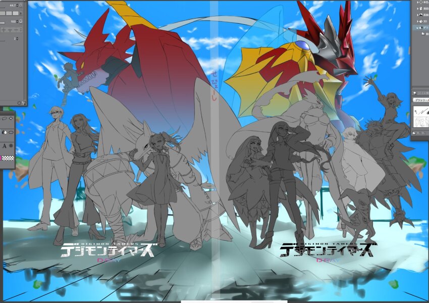 ai_(digimon) alice_mccoy animal_hat anubimon armor beelstarmon belt breasts digimon digimon_(creature) dukemon dukemon_crimson_mode hat highres impmon long_hair makoto_(digimon) mask medium_breasts megidramon musyamon nun rabbit_hat sistermon_blanc small_breasts smile third_eye underboob wings