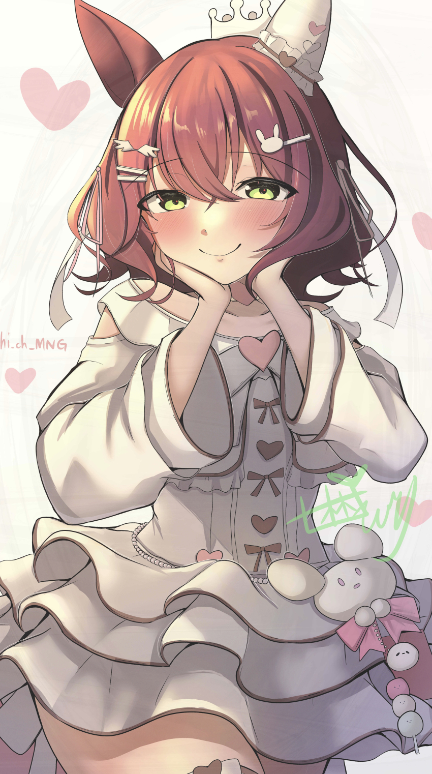 1girl absurdres animal_ears aston_machan_(everlasting_candy)_(umamusume) aston_machan_(umamusume) blush breasts brown_hair closed_mouth commentary_request ear_covers green_eyes hair_between_eyes hair_ornament hand_on_own_face heart hi_ch_mng highres horse_ears horse_girl horse_tail looking_at_viewer medium_breasts medium_hair official_alternate_costume smile solo tail umamusume white_background