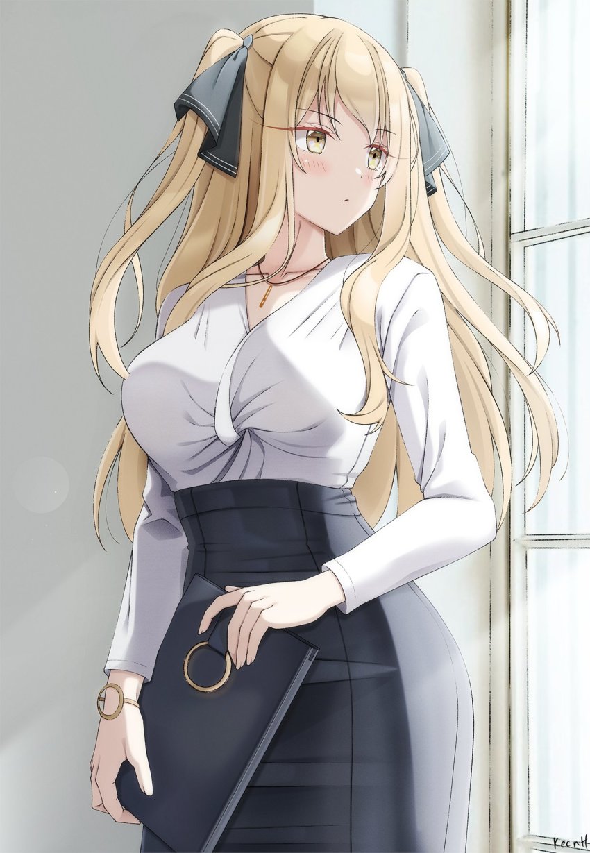 1girl ao_no_kanata_no_four_rhythm artist_name bag black_bag black_ribbon black_skirt blonde_hair breasts brown_eyes closed_mouth collarbone commission formal_clothes hair_ornament hair_ribbon handbag high-waist_skirt highres jewelry keenh large_breasts leather_bag leather_skirt light_rays long_hair long_sleeves looking_away looking_to_the_side necklace pencil_skirt ribbon satouin_reiko shiny_clothes shirt skirt solo two_side_up white_shirt window