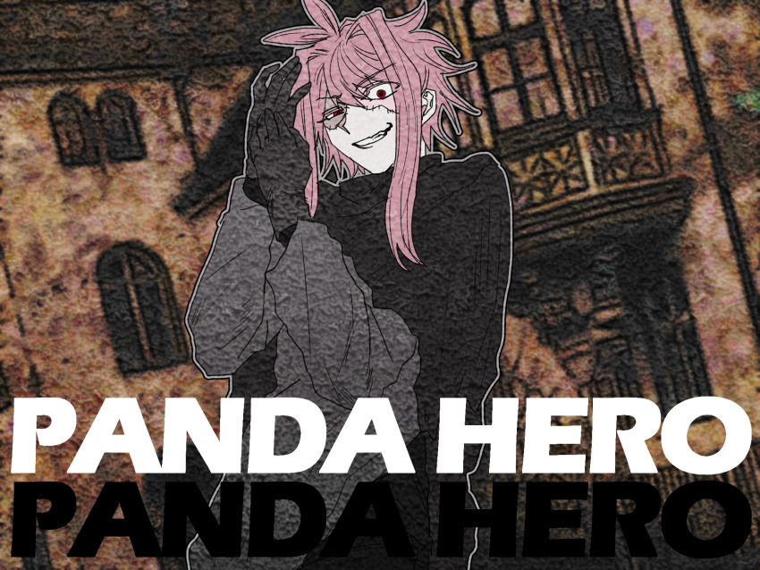 1boy antenna_hair black_cape black_gloves canvas_texture cape colored_eyelashes commentary_request english_text gloves grey_outline grey_shirt grin hair_between_eyes highres hkx3 korean_commentary long_sleeves male_focus nijou_ryuu outline panda_hero_(vocaloid) pink_hair red_eyes saibou_shinkyoku shirt short_hair_with_long_locks smile solo upper_body