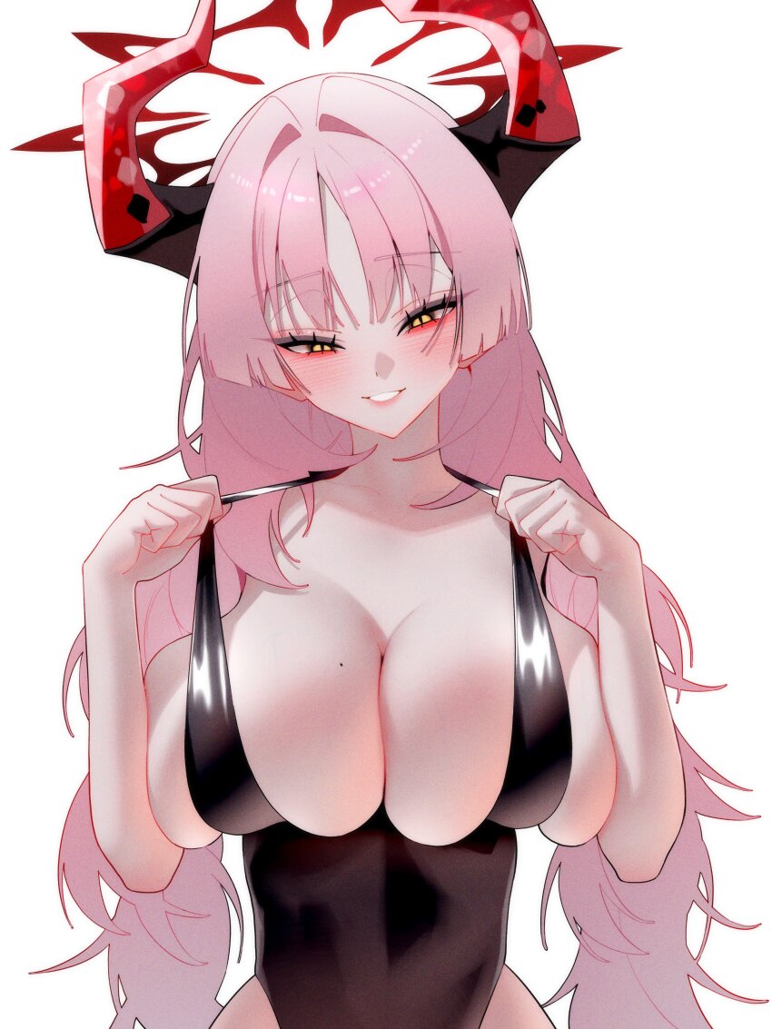 1girl absurdres agnamore black_one-piece_swimsuit blue_archive blush breasts breasts_squeezed_together collarbone covered_navel demon_horns halo highres horns large_breasts looking_at_viewer mole mole_on_breast one-piece_swimsuit pink_hair red_halo red_horns satsuki_(blue_archive) simple_background skindentation smile solo swimsuit white_background yellow_eyes