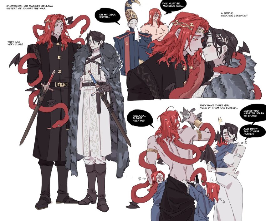 1boy 5girls armlet black_hair carrying carrying_person crown crying dress elden_ring elden_ring:_shadow_of_the_erdtree english_text father_and_daughter if_they_mated jewelry long_hair messmer_the_impaler mother_and_daughter multiple_girls nozakikotaro4 one-eyed one_eye_closed pelt radagon_of_the_golden_order red_hair rellana_twin_moon_knight rennala_queen_of_the_full_moon short_hair siblings sisters snake stuffed_animal stuffed_toy sweatdrop sword tears topless_male weapon white_background white_dress wiping_tears