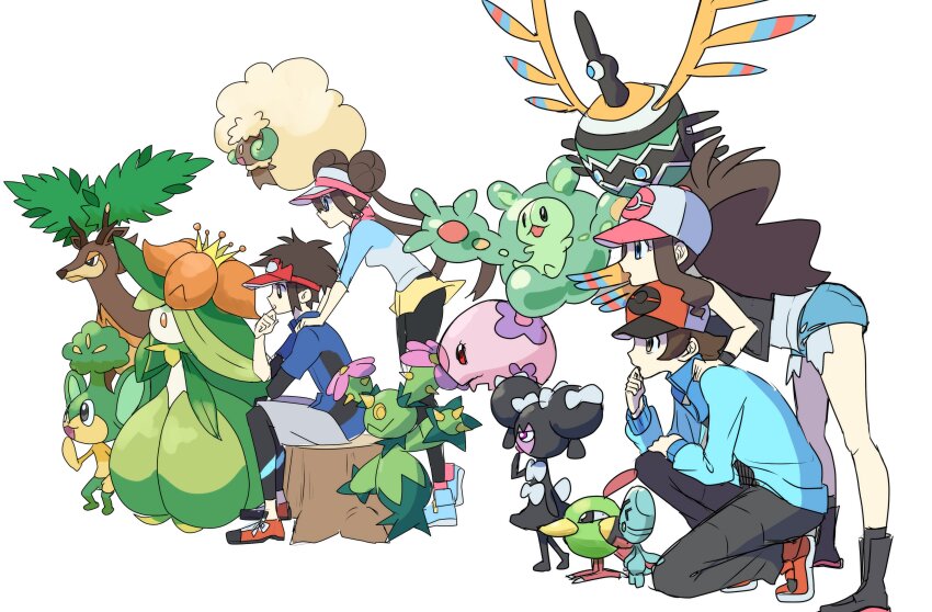 2boys 2girls absurdres asamaru1225 baseball_cap bent_over black_pantyhose blue_jacket brown_hair commentary_request elgyem from_side gen_2_pokemon gen_5_pokemon gothorita grey_shorts hat highres hilbert_(pokemon) hilda_(pokemon) jacket lilligant long_hair maractus multiple_boys multiple_girls munna nate_(pokemon) natu nintendo on_one_knee pansage pants pantyhose pokemon pokemon_(creature) pokemon_bw pokemon_bw2 raglan_sleeves reuniclus rosa_(pokemon) sawsbuck shirt shoes short_shorts shorts sigilyph sitting sneakers tree_stump twintails visor_cap whimsicott white_background yellow_shorts