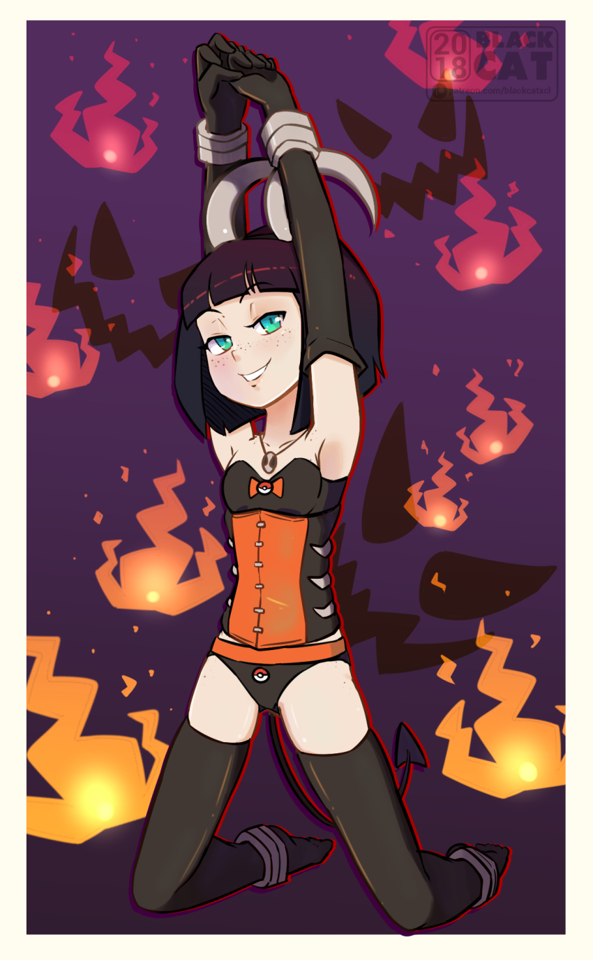1girl anklet aqua_eyes armpits arms_up artist_name bad_deviantart_id bad_id bare_shoulders black_bra black_corset black_gloves black_hair black_hairband black_panties black_tail black_thighhighs blackcatart blunt_bangs blunt_ends bob_cut body_freckles border bow bow_bra bra bracelet breasts collarbone commentary commission corset cosplay curled_horns dated demon_tail elbow_gloves english_commentary fake_horns fire freckles gen_2_pokemon gloves gluteal_fold gradient_background grin hairband half-closed_eyes halloween halloween_costume highres horns houndoom houndoom_(cosplay) jewelry kasia_mikolajczyk_(silverfox442) kneeling lingerie looking_at_viewer midriff_peek naughty_face necklace nintendo no_shoes orange_bow orange_corset orange_trim original outline own_hands_together panties parted_lips patreon_logo patreon_username pendant poke_ball_print pokemon print_panties purple_background raised_eyebrows red_outline short_hair skindentation small_breasts smile solo spread_legs strapless strapless_bra stretching tail thighhighs two-tone_corset underwear white_border