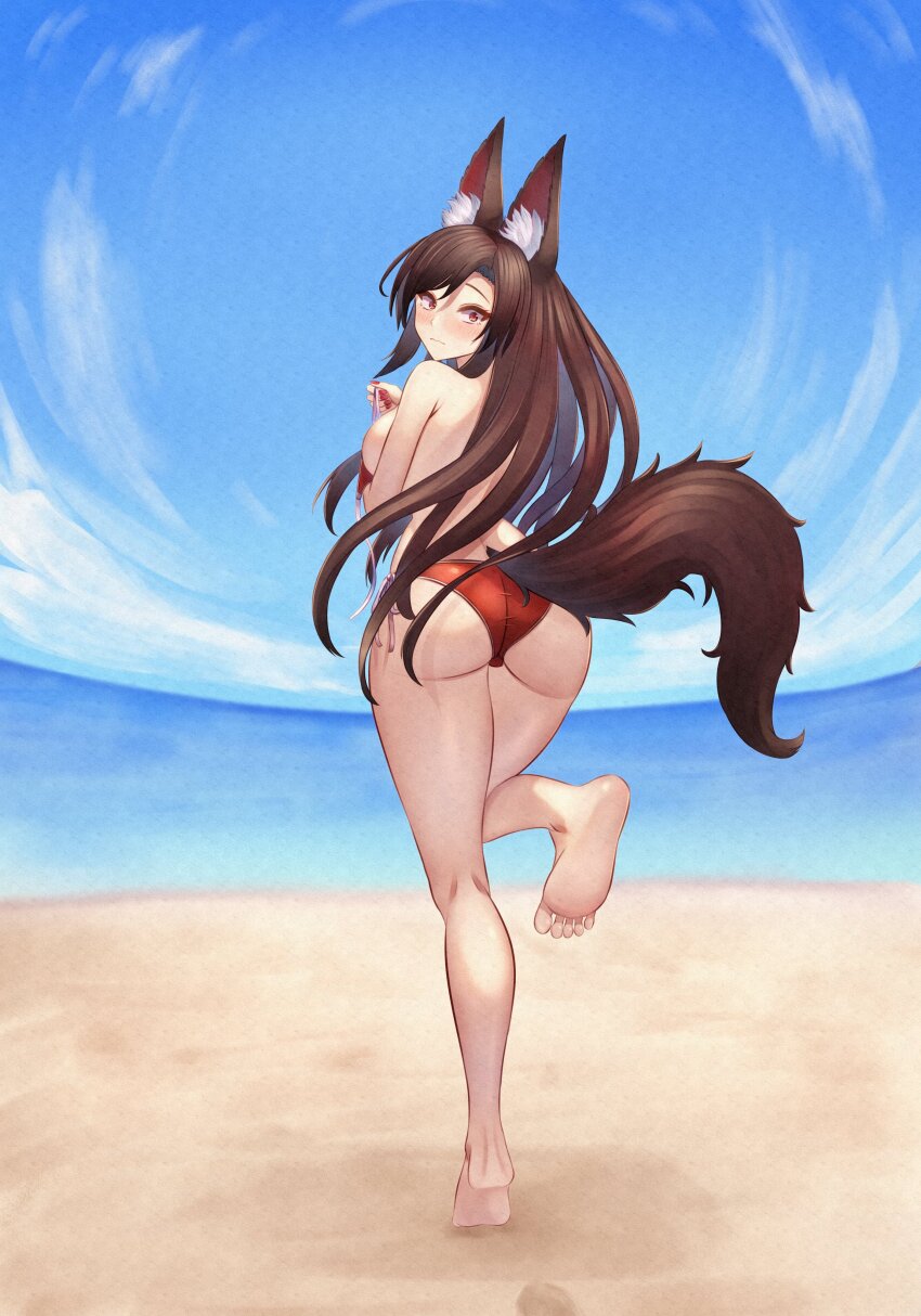 1girl absurdres alternate_costume animal_ears ass beach bikini blue_sky blush breasts brown_hair closed_mouth cloud commentary_request fingernails from_behind frown full_body highres imaizumi_kagerou large_breasts long_hair looking_at_viewer looking_back mikotouca outdoors red_bikini red_eyes sky solo string_bikini swimsuit tail touhou wolf_ears wolf_girl wolf_tail