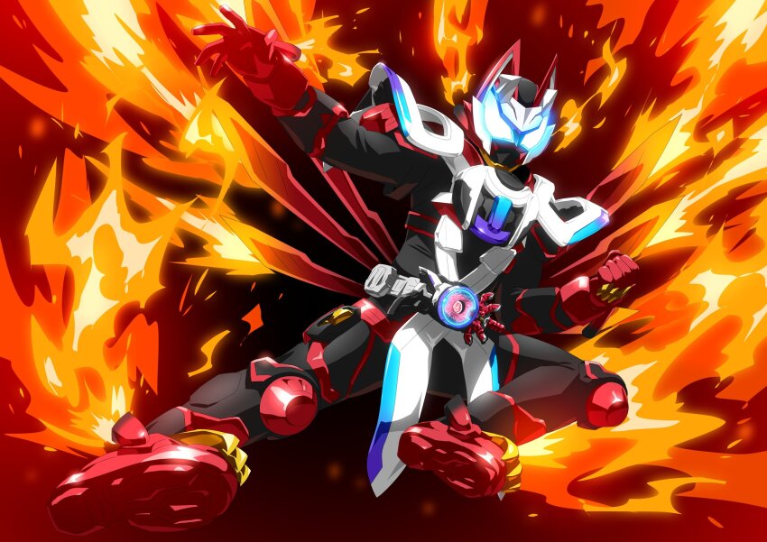 1boy animal_ears armor black_armor black_bodysuit blue_background blue_eyes bodysuit boost_mark_ii_buckle commentary cowboy_shot cyberpunk desire_driver exhaust_pipe fighting_stance finishing_move fire flame_print fox fox_boy fox_ears fox_mask gloves glowing glowing_eyes gradient_eyes green_fire highres hitodama incoming_attack kamen_rider kamen_rider_geats kamen_rider_geats_(series) kamen_rider_geats_laser_boost_form kitsune laser_raise_riser male_focus mask mouth_guard multicolored_eyes multiple_tails orange_eyes otokamu power_armor raise_buckle raised_fist red_footwear red_gloves rider_belt rider_kick shoulder_armor solo tail thighs tokusatsu white_armor