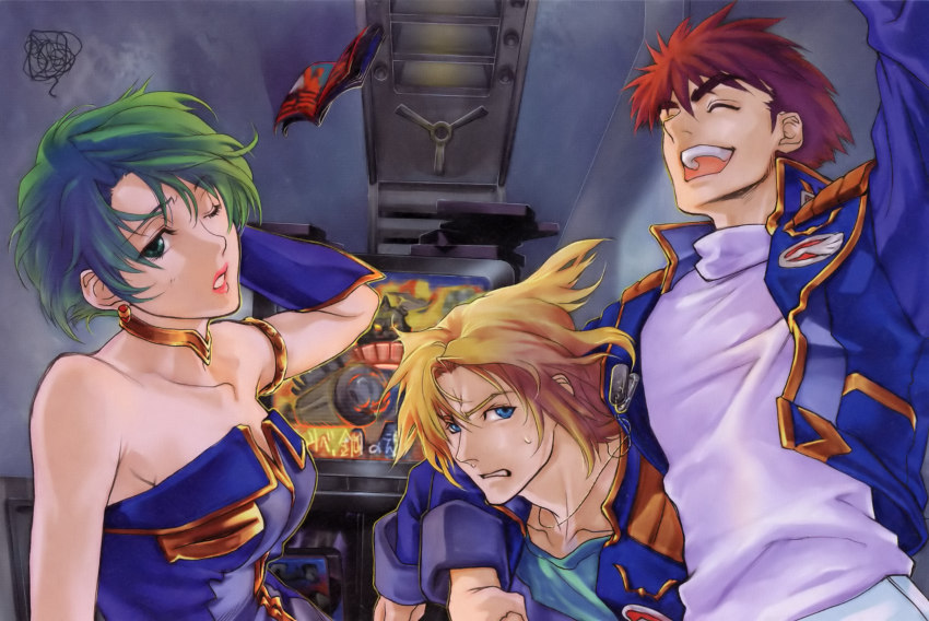 1girl 2boys aya_kobayashi banpresto bare_shoulders blonde_hair brown_hair dog_tags earrings elbow_gloves gloves green_hair highres ichimura_yuu jewelry multiple_boys raidese_f_branstein ryuusei_date super_robot_wars super_robot_wars_original_generation television