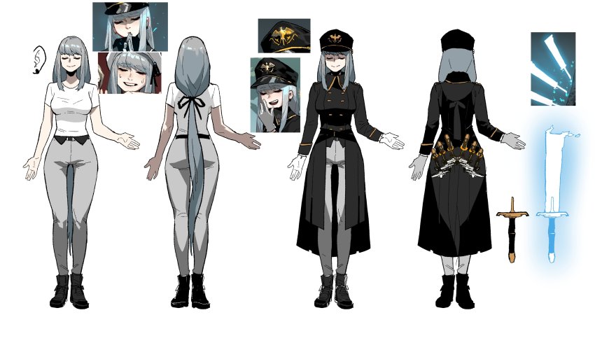 1girl absurdres arm_at_side black_coat black_footwear black_headwear black_jacket black_ribbon breasts closed_mouth coat collared_jacket double-breasted energy_sword closed_eyes gloves gogalking grey_hair grey_pants hair_ribbon hat highres hilt jacket large_breasts long_hair low-tied_long_hair low_ponytail military_hat multiple_views ophelia_(gogalking) original pants ponytail ribbon shirt shoes simple_background smile standing sword very_long_hair weapon white_background white_gloves white_shirt wing_collar