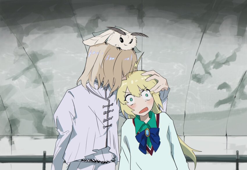1boy 1girl ahoge artoria_caster_(fate) artoria_pendragon_(fate) blanca_(fate) blonde_hair blush bug collared_shirt fate/grand_order fate_(series) fuyotan green_eyes gundam gundam_gquuuuuux hand_on_another&#039;s_head highres insect long_hair long_sleeves medium_hair moth neck_ribbon oberon_(fate) oberon_(second_ascension)_(fate) open_mouth parody ribbon scene_reference shirt smelling smelling_hair sweater twintails wide-eyed