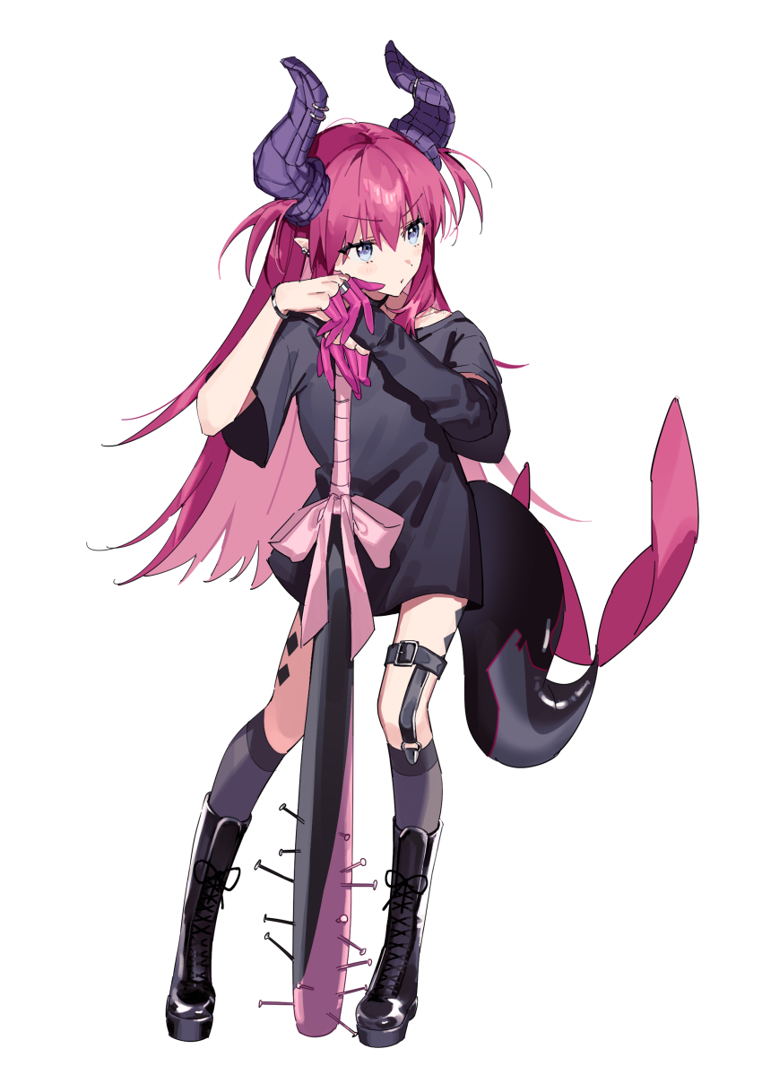 1girl absurdres baseball_bat black_boots black_shirt blue_eyes boots commentary_request dragon_horns dragon_tail elizabeth_bathory_(fate) elizabeth_bathory_(perfect)_(first_ascension)_(fate) fate/grand_order fate_(series) highres holding holding_baseball_bat horns ip0flv long_hair purple_hair purple_horns shirt short_sleeves simple_background solo tail white_background