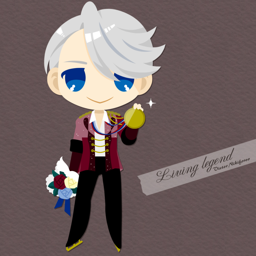 1boy :&gt; black_pants blue_eyes blue_flower blue_rose bouquet character_name collared_shirt english_text flower highres ice_skates kaorin_minogue male_focus medal pants red_flower red_rose rose shirt silver_hair skates smile sparkle viktor_nikiforov yellow_flower yellow_rose yuri!!!_on_ice