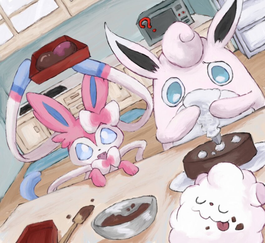 ? blue_eyes bow bowl cake candy chocolate chocolate_heart fangs food gen_1_pokemon gen_6_pokemon heart heart-shaped_food highres holding indoors kitchen nintendo no_humans open_mouth panha pokemon pokemon_(creature) ribbon smile swirlix sylveon valentine whipped_cream wigglytuff