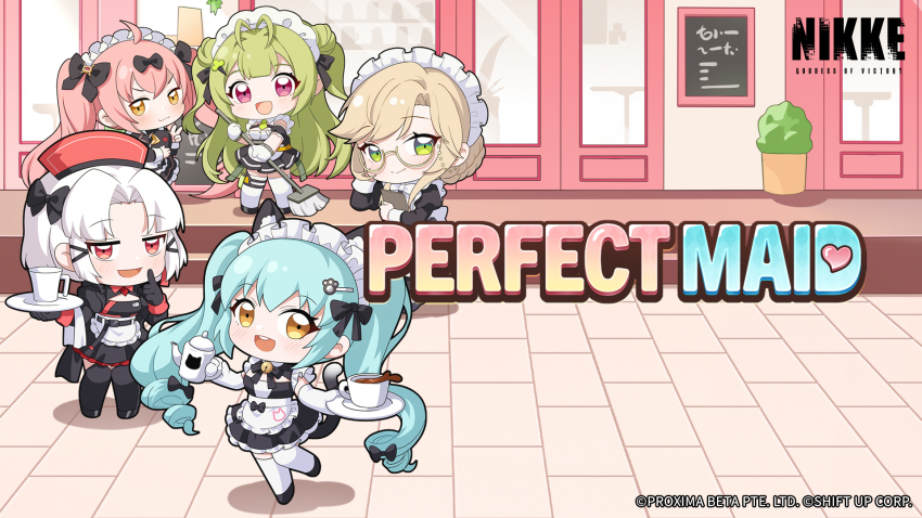 5girls ade_(nikke) ahoge animal_ears animal_print antenna_hair apron aqua_hair bell black_bow black_dress black_footwear black_ribbon black_thighhighs blonde_hair bow brown_eyes cat_ears cat_print cat_tail chibi closed_mouth cocoa_(nikke) commentary copyright_name cup dot_nose drake_(maid_for_villain)_(nikke) drake_(nikke) dress english_commentary english_text frilled_apron frills full_body glasses gloves goddess_of_victory:_nikke green_eyes green_hair green_necktie grey_hair hair_ornament hair_ribbon hairclip highres holding holding_plate juliet_sleeves light_blush long_hair long_sleeves looking_at_viewer maid_headdress multiple_girls neck_bell neck_ribbon necktie official_art open_mouth parted_bangs pink_eyes pink_hair plant plate potted_plant privaty_(nikke) privaty_(unkind_maid)_(nikke) puffy_sleeves red_eyes red_headwear ribbon round_teeth semi-rimless_eyewear soda_(nikke) spilling standing standing_on_one_leg swept_bangs tail teeth thighhighs twintails upper_teeth_only v-shaped_eyebrows very_long_hair waist_apron white_apron white_gloves white_thighhighs