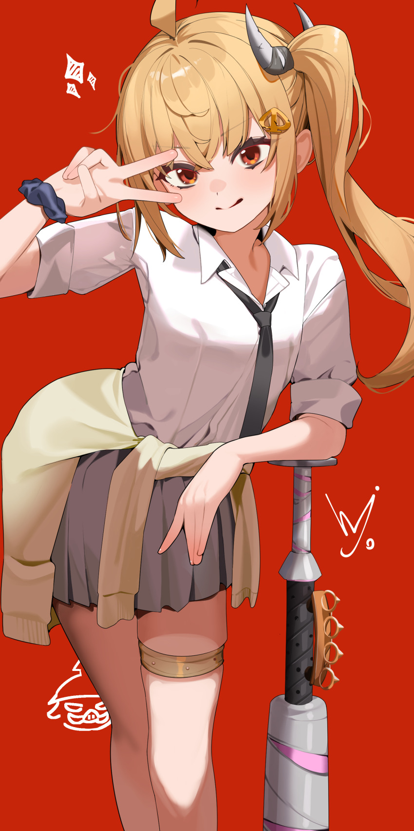 1girl absurdres ahoge baseball baseball_bat blonde_hair clothes_around_waist commentary_request crossed_bangs feet_out_of_frame grey_skirt hair_between_eyes hair_ornament highres hijo_(nakare2845) jacket jacket_around_waist jewelry looking_at_viewer luciana_de_montefio metal_baseball_bat miniskirt pleated_skirt red_eyes school_uniform scrunchie shirt side_ponytail simple_background skirt sleeves_rolled_up solo standing thighlet v v_over_eye white_shirt wrist_scrunchie yellow_jacket zenless_zone_zero