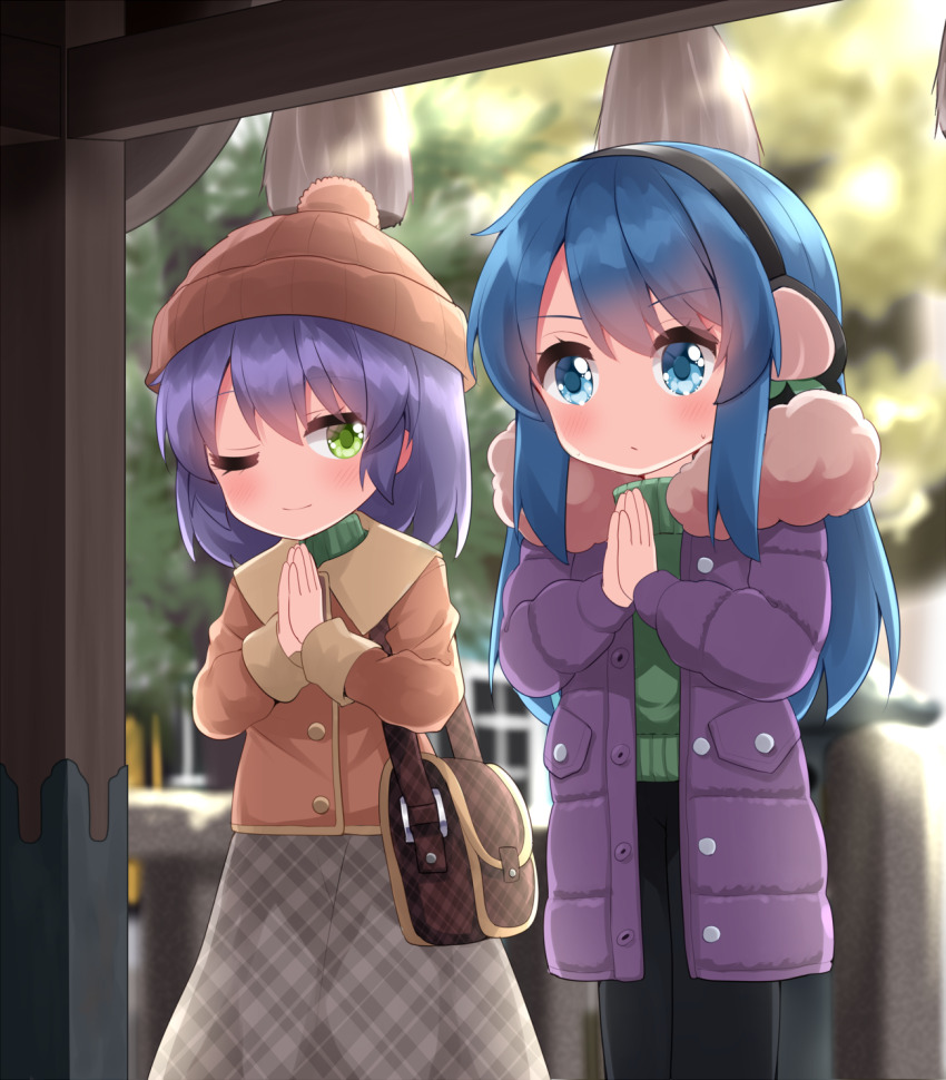 2girls ;) bag beanie black_pants blue_eyes blue_hair blurry blurry_background blush brown_bag brown_hat brown_jacket closed_mouth coat commentary_request earmuffs fur_collar green_eyes green_sweater grey_skirt hat hatsumoude highres hinanawi_tenshi jacket long_hair long_sleeves looking_at_another multiple_girls nagae_iku new_year one_eye_closed open_clothes open_coat outdoors own_hands_together pants plaid_bag plaid_clothes plaid_skirt purple_coat purple_hair ruu_(tksymkw) short_hair shoulder_bag skirt smile standing sweater touhou yellow_sweater