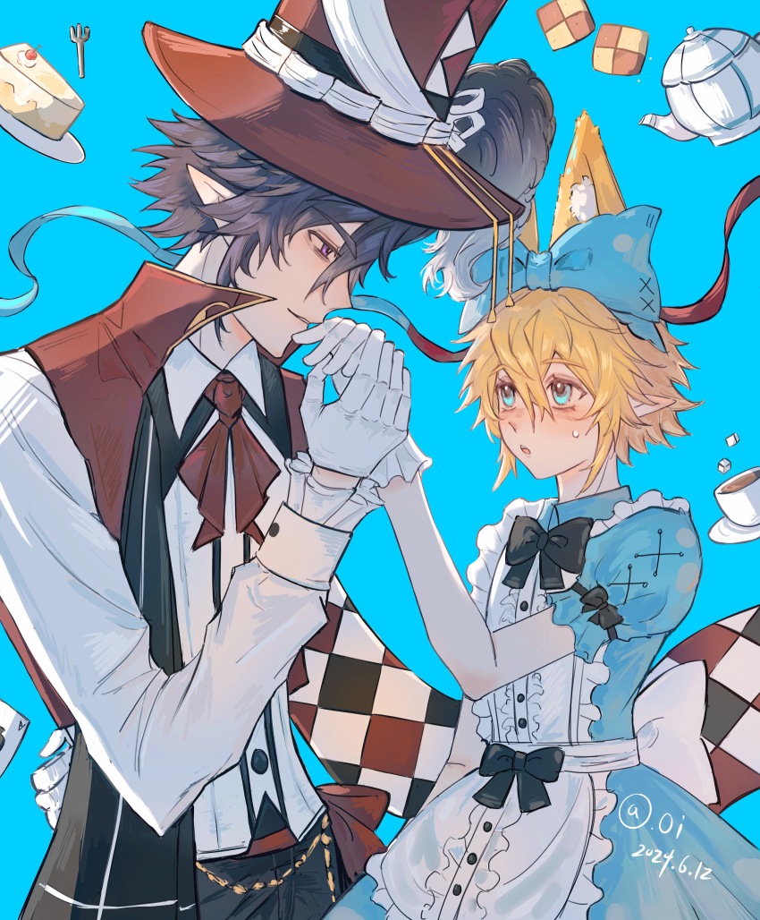 2boys absurdres alice_(alice_in_wonderland) alice_(alice_in_wonderland)_(cosplay) alice&#039;s_adventures_in_wonderland alternate_costume animal_ears aotu_world apron artist_name black_bow black_hair blonde_hair blue_background blue_dress blue_eyes blush bow bowtie cookie cosplay crossdressing cup dated dress food frills gloves hair_between_eyes hair_bow hat highres king_(aotu_world) looking_at_another male_focus monocle multiple_boys parted_lips plutoray pointy_ears puffy_short_sleeves puffy_sleeves purple_eyes ray_(aotu_world) ribbon short_hair short_sleeves simple_background sweatdrop tea teacup teapot top_hat white_gloves yaoi