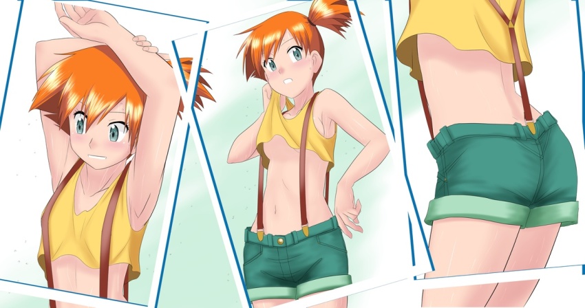 1girl armpits arms_up ass asymmetrical_hair blush breasts denim denim_shorts gen_1_pokemon green_eyes green_shorts kakkii legs looking_at_another looking_at_viewer misty_(pokemon) navel nintendo orange_hair pokemon pokemon_(anime) pokemon_(classic_anime) pokemon_rgby ponytail shirt short_shorts shorts side_ponytail smile suspenders sweat sweatdrop takaya_n tank_top thighs underboob yellow_shirt yellow_tank_top