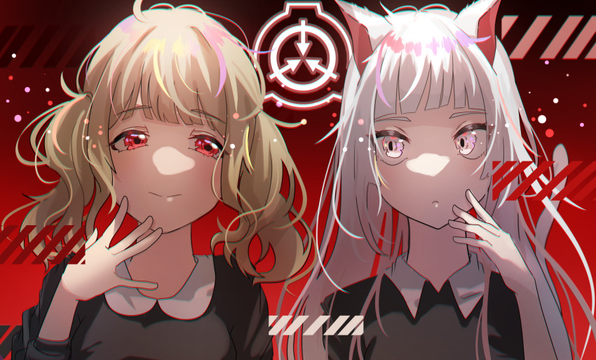 2girls animal_ears black_dress blonde_hair blunt_bangs cat_ears cat_girl cat_tail character_request check_character closed_mouth collar collared_dress commentary_request company_logo dress eyelashes facing_viewer gradient_background hair_tie hand_on_own_cheek hand_on_own_face highres light_blush long_hair long_sleeves looking_at_another looking_to_the_side messy_hair multiple_girls portrait raised_eyebrows red_background red_eyes scp-040-jp scp-239 scp_foundation squinting tail twintails uukata white_collar white_hair