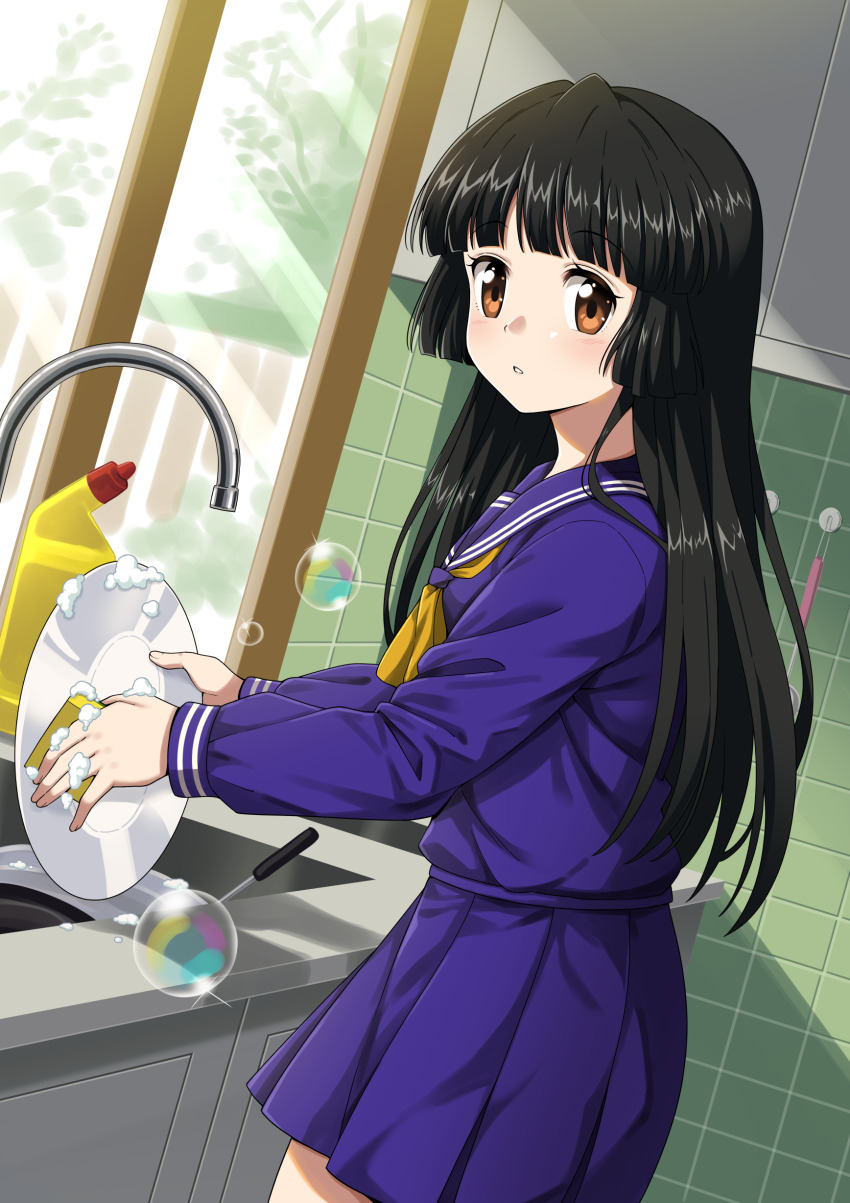 1girl absurdres black_hair brown_eyes day dishwashing elfen_lied faucet highres holding holding_plate indoors kitchen long_hair looking_at_viewer neckerchief nozomi_(elfen_lied) orange_neckerchief plate purple_serafuku purple_shirt purple_skirt sailor_collar sailor_shirt school_uniform serafuku shirt sink skirt soap_bubbles solo straight_hair sutemeto tagme window winter_uniform