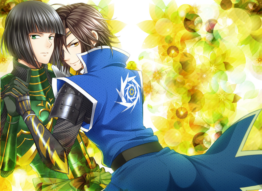 2boys armor black_hair blunt_bangs blunt_ends brown_hair date_masamune_(sengoku_basara) eyepatch green_eyes holding_hands interlocked_fingers male_focus multiple_boys parted_lips sengoku_basara shibata_katsuie_(sengoku_basara) short_hair smile warabi_(waradoko) yaoi yellow_background yellow_eyes