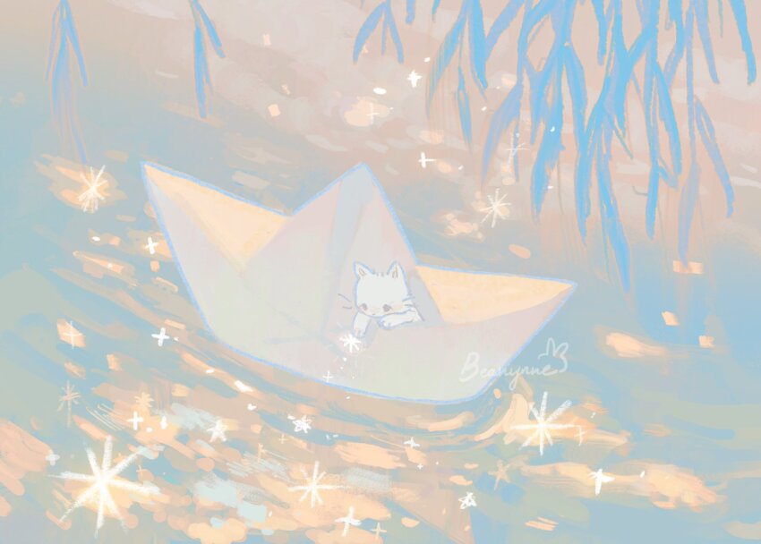 animal animal_focus artist_name beanynne blush cat commentary english_commentary highres looking_down no_humans original paper_boat signature solo star_(symbol) water