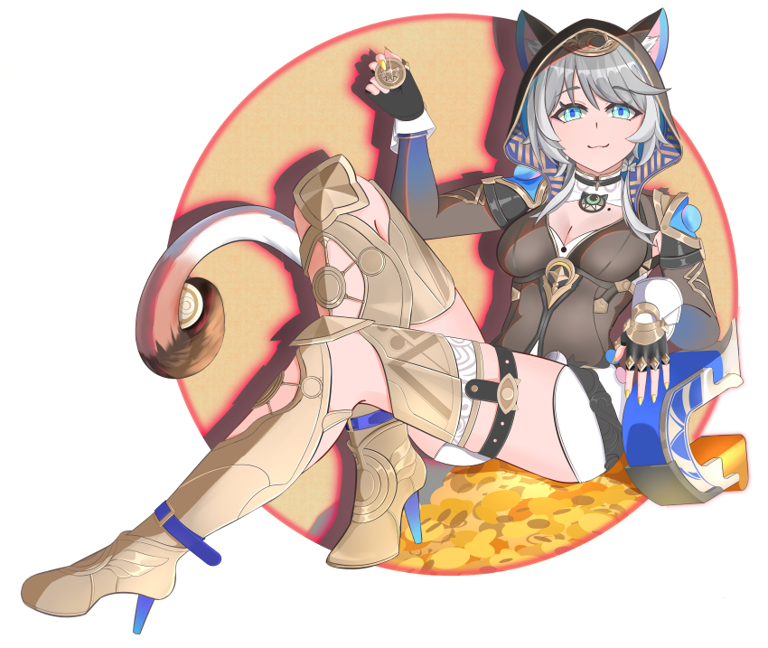 1girl absurdres animal_ear_fluff animal_ears black_gloves black_leotard blue_eyes boots breasts cat_ears cat_girl cat_tail cipher_(honkai:_star_rail) cleavage coin commentary_request fingerless_gloves gloves gold_boots gold_coin grey_hair high_heel_boots high_heels highres holding holding_coin honkai:_star_rail honkai_(series) large_breasts leotard mole mole_on_breast qianjiaqiuhao short_hair_with_long_locks simple_background sitting solo tail thigh_boots thighs treasure white_background