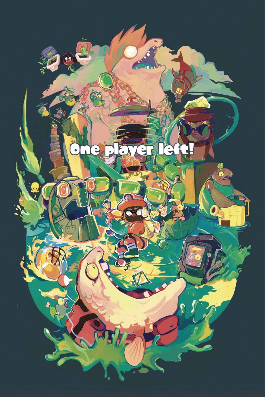 1girl belt big_shot_(splatoon) black_eyes blank_eyes blonde_hair boots braid bulging_eyes chain cloud cohozuna_(splatoon) colored_sclera constricted_pupils cooking_pot dark-skinned_female dark_skin drizzler_(splatoon) earpiece english_text everyone fish fish_stick_(splatoon) fish_hook flipper-flopper_(splatoon) flyfish_(splatoon) flying_sweatdrops full_body gloves glowing glowing_eyes golden_egg_(splatoon) green_footwear green_gloves green_hair green_overalls gun hair_tie headlamp helmet high-visibility_clothing high-visibility_vest highres holding holding_gun holding_weapon inkling inkling_girl inkling_player_character kayveedee lifebuoy looking_down mask maws_(splatoon) missile_pod mohawk mouth_mask nintendo octoling octoling_player_character open_mouth orange_headwear outline overalls peril pointy_ears pouch profile red_hair salmon_run_(splatoon) scrapper_(splatoon) short_hair sideways_mouth single_tooth slammin&#039;_lid_(splatoon) smallfry_(splatoon) splat_bomb_(splatoon) splatoon_(series) splatoon_3 splattershot_(splatoon) steel_eel_(splatoon) steelhead_(splatoon) stinger_(splatoon) surgical_mask swim_ring teeth tentacle_hair tentacles two-handed umbrella vest wall-eyed weapon white_outline x_x yellow_sclera yellow_vest
