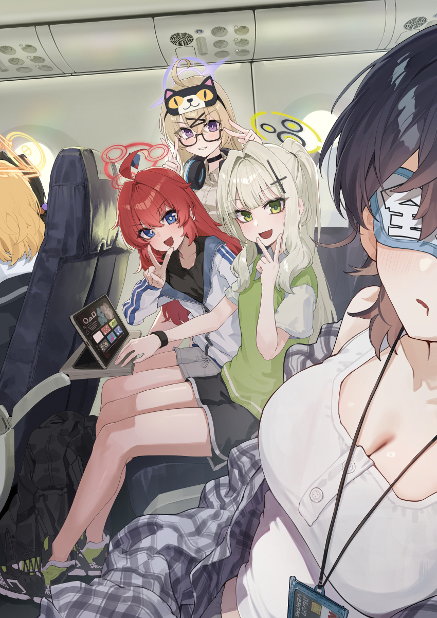 6+girls absurdres ahoge black_hair blonde_hair blue_archive blush breasts chihiro_(blue_archive) cleavage grey_hair halo hare_(blue_archive) hibiki_(blue_archive) highres kokukyukeo kotama_(blue_archive) kotori_(blue_archive) large_breasts looking_at_viewer maki_(blue_archive) mask mask_on_head multiple_girls red_hair sitting sleep_mask sleeping smile train_interior v v_over_mouth veritas_(blue_archive)