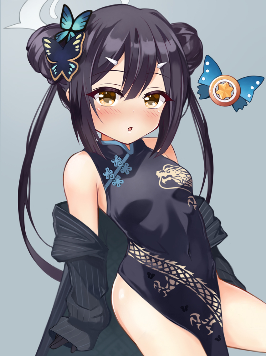1girl bare_shoulders black_dress black_gloves black_hair blue_archive blush breasts brown_eyes butterfly_hair_ornament china_dress chinese_clothes coat cosplay double_bun dragon_print dress fate/kaleid_liner_prisma_illya fate_(series) gloves grey_coat hair_bun hair_ornament hairclip half_gloves halo highres kisaki_(blue_archive) kisaki_(blue_archive)_(cosplay) long_hair long_sleeves looking_at_viewer magical_sapphire miyu_edelfelt mochi_(k620803n) off_shoulder open_mouth pelvic_curtain pinstripe_pattern short_dress side_slit small_breasts striped_coat thighs twintails vertical-striped_coat