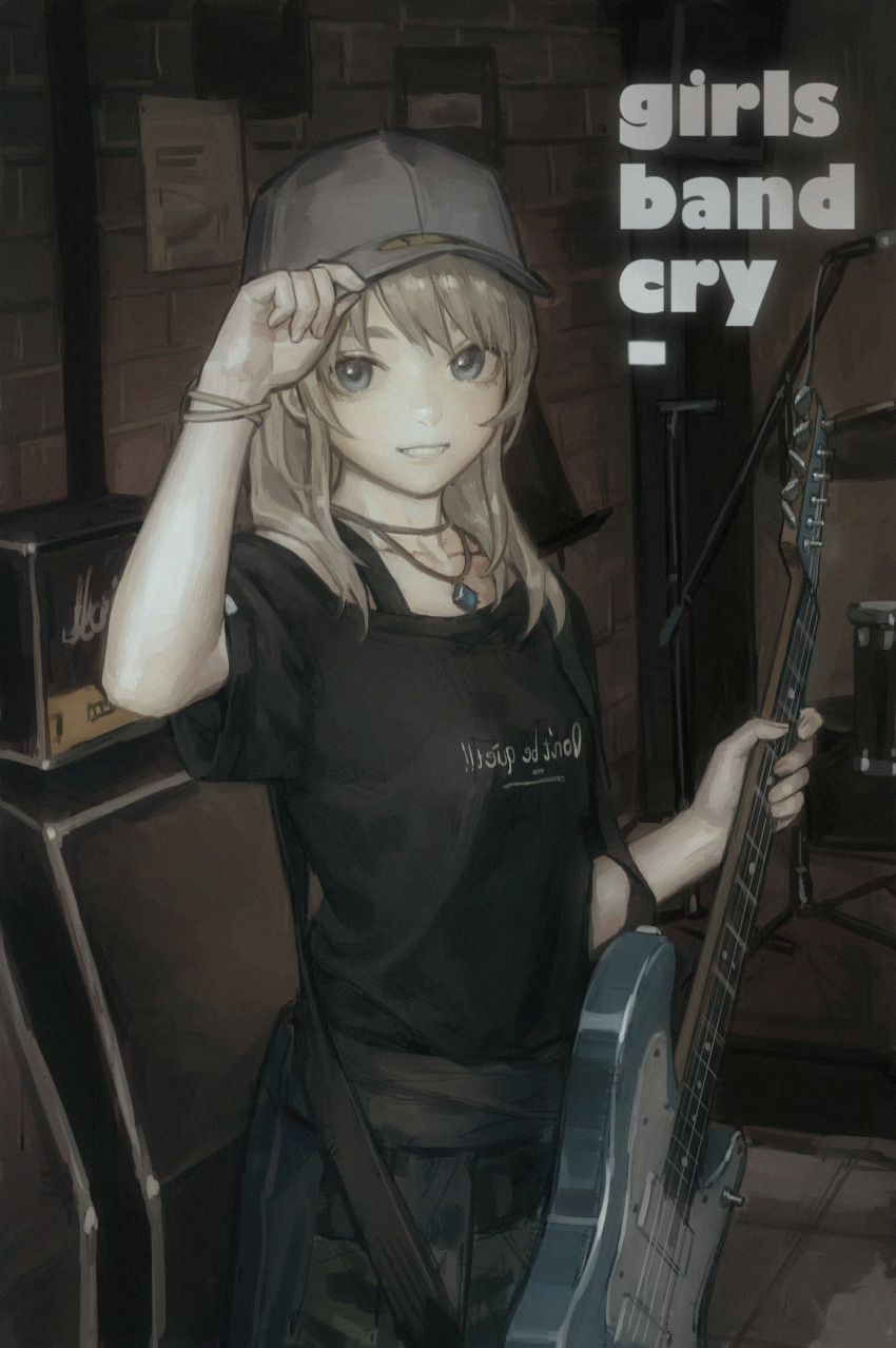 1girl absurdres adjusting_clothes adjusting_headwear amplifier baseball_cap black_shirt collarbone commentary electric_guitar girls_band_cry grey_eyes grey_hair grey_hat guitar hat highres holding holding_guitar holding_instrument indoors instrument jewelry kawaragi_momoka long_hair looking_at_viewer marshall_amplification microphone microphone_stand necklace open_mouth shirt short_sleeves solipsist solo